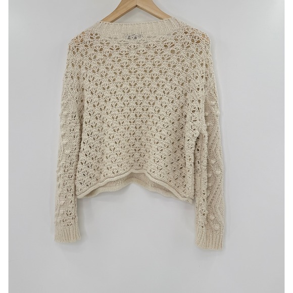 Zara Knit Cropped Sweater Small Cream Pom Pom Open Knit Boho Chic Pullover - Picture 2 of 11